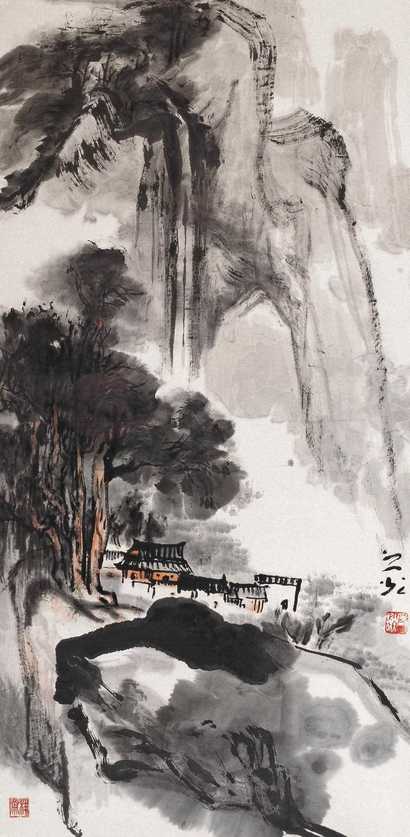 谢之光 高岩飞流图 镜心